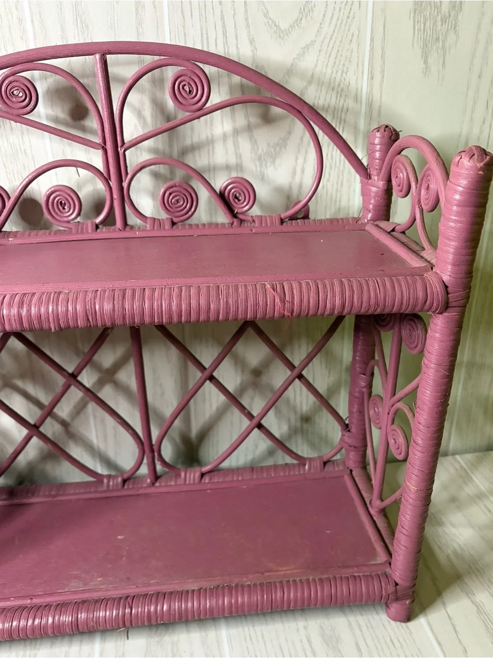 Vintage 1970’s Rattan Wicker Bamboo Wall Shelf Pink